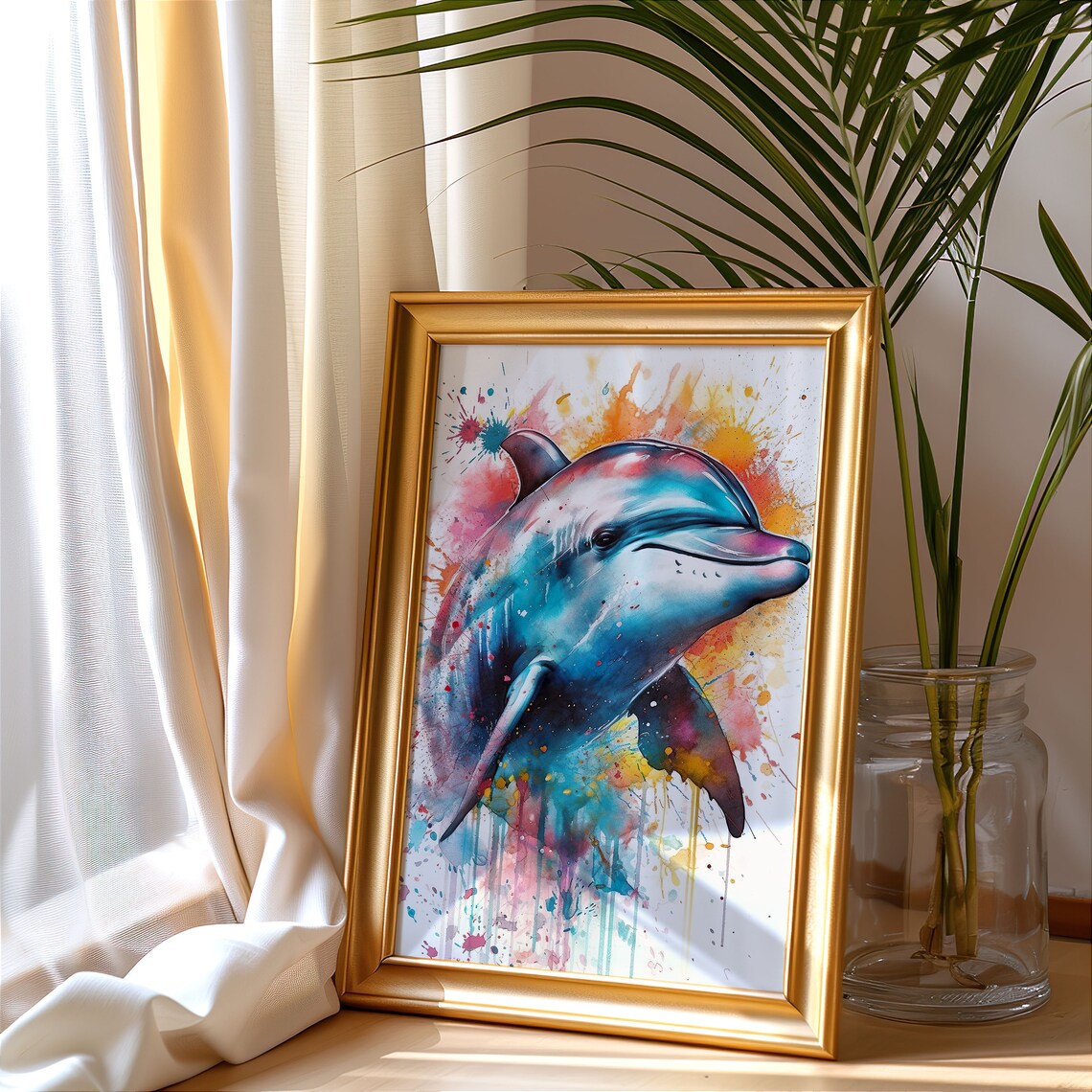 Dolphin Watercolor Portrait Leaping Ocean Marine Animal Art Poster - Image 5