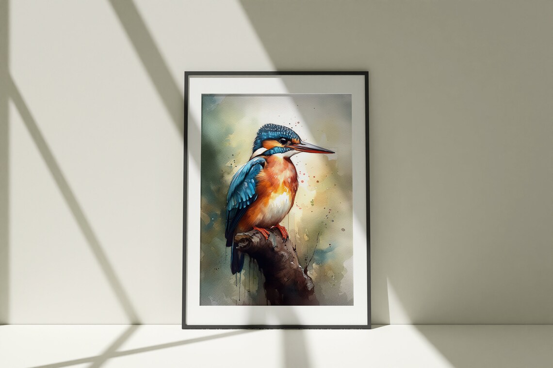 Common Kingfisher Watercolor Perched Branch Vibrant Bird Poster - Image 4