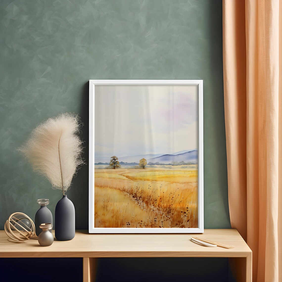 Golden Wheat Field Meadow Rolling Hills Watercolor Landscape Poster - Image 4