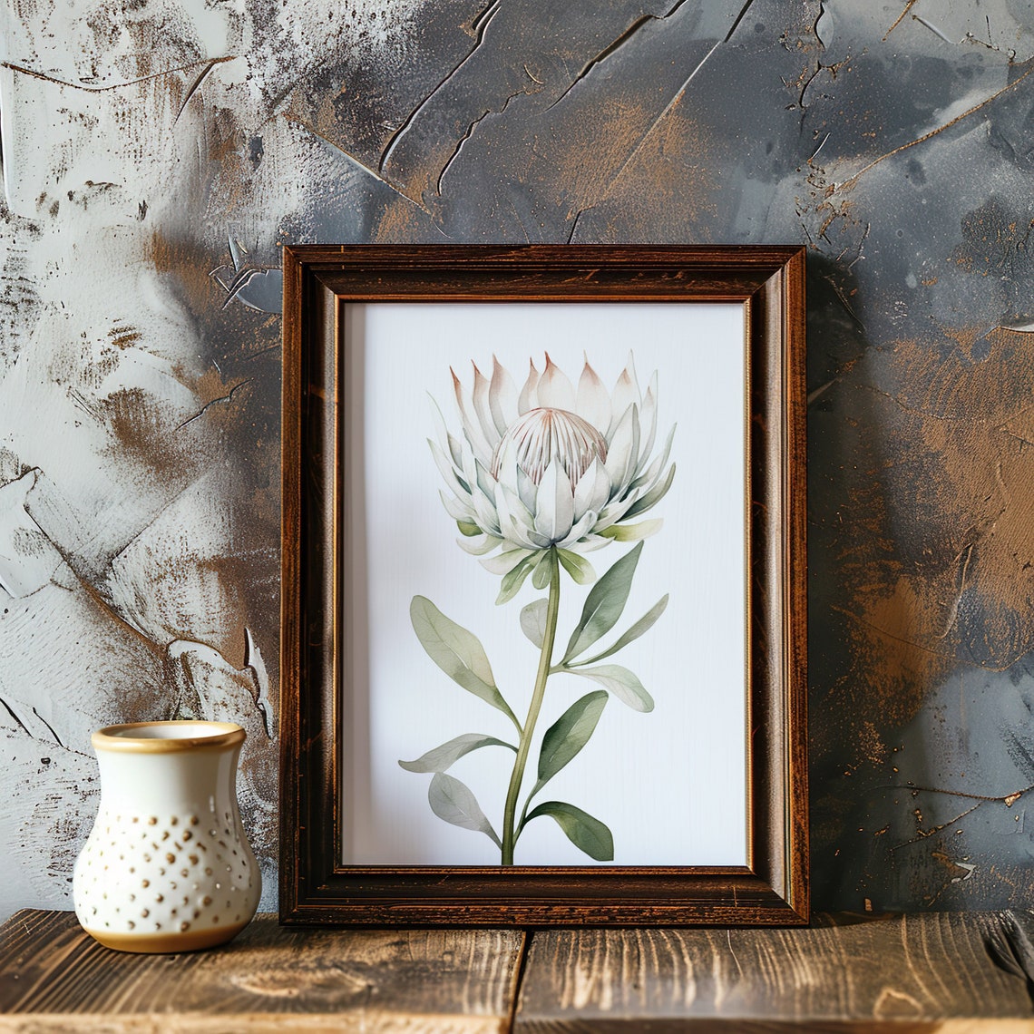 Single White King Protea Bloom Watercolor Botanical Study Poster - Image 4