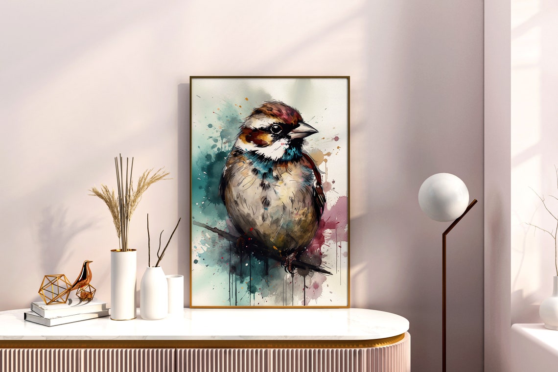 Sparrow Watercolor Portrait Perched Songbird Splash Art Poster - Image 4