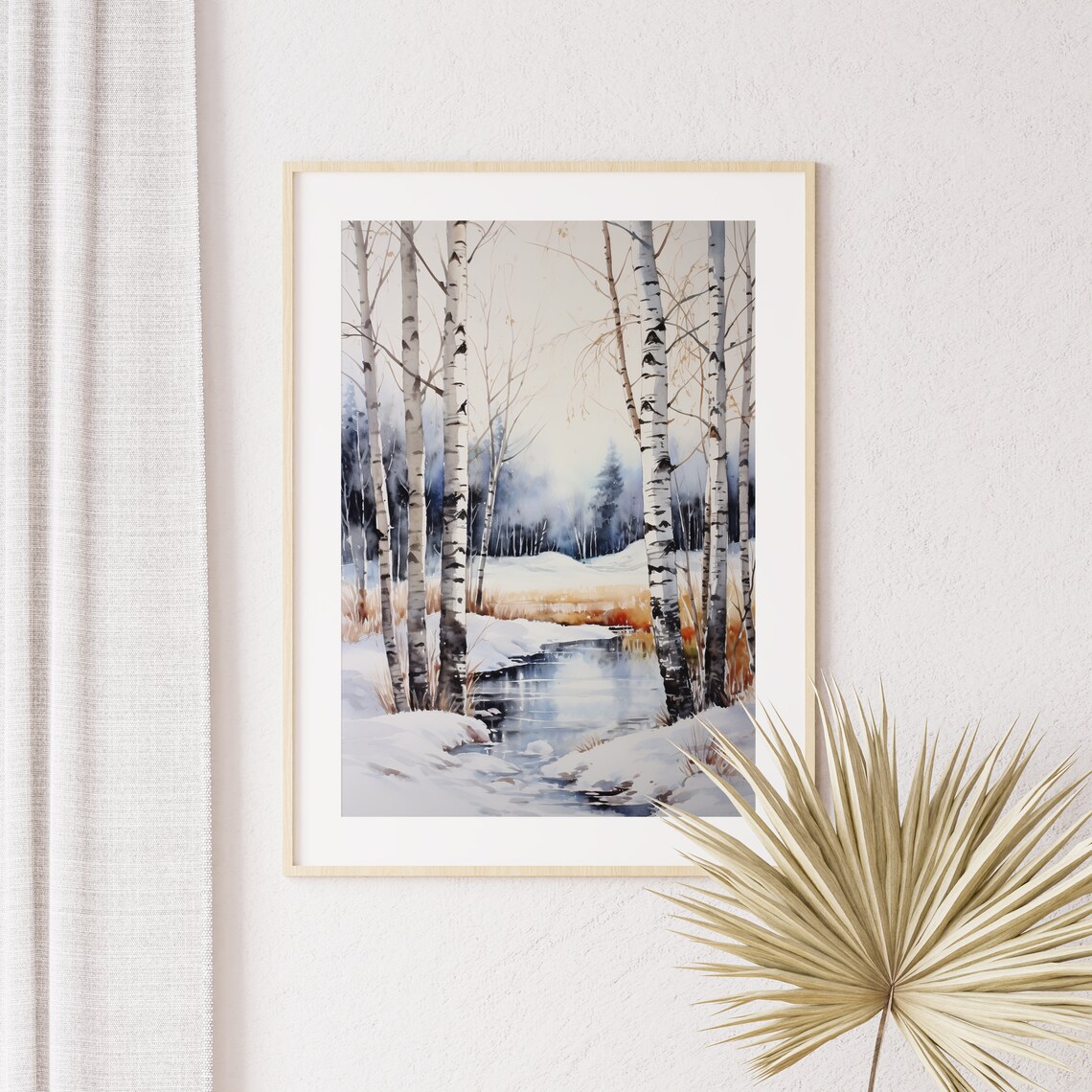 Winter Birch Grove Watercolor Snowy Stream Calm Scene Poster - Image 2