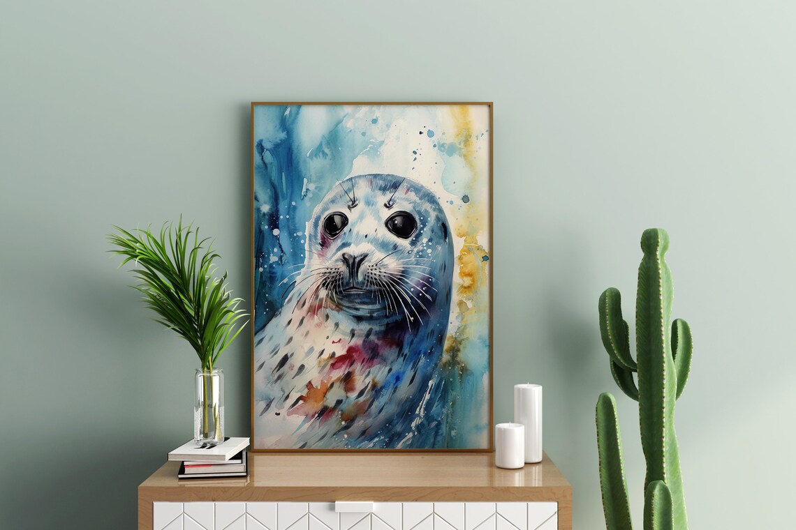 Seal Colorful Watercolor Portrait Pup Blue Splash Marine Art Poster - Image 3