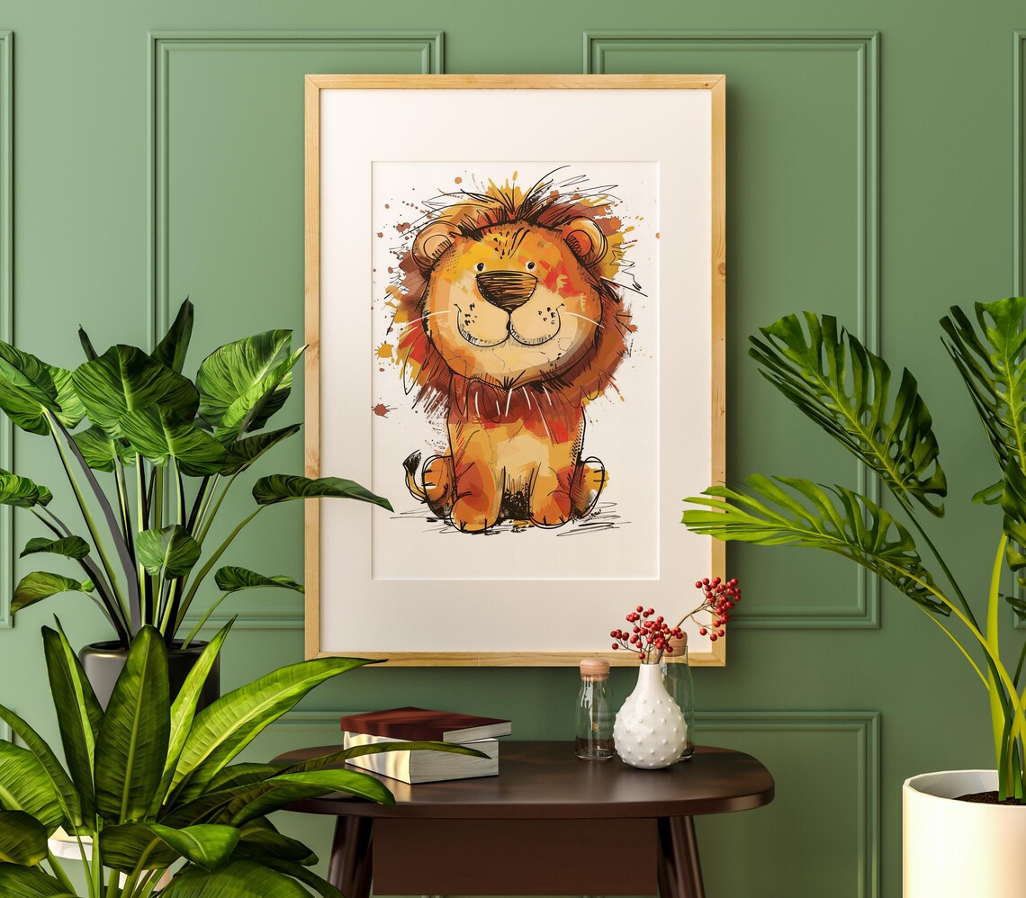 Cartoon Lion Watercolor Doodle Happy Kids Nursery Art Poster - Image 3