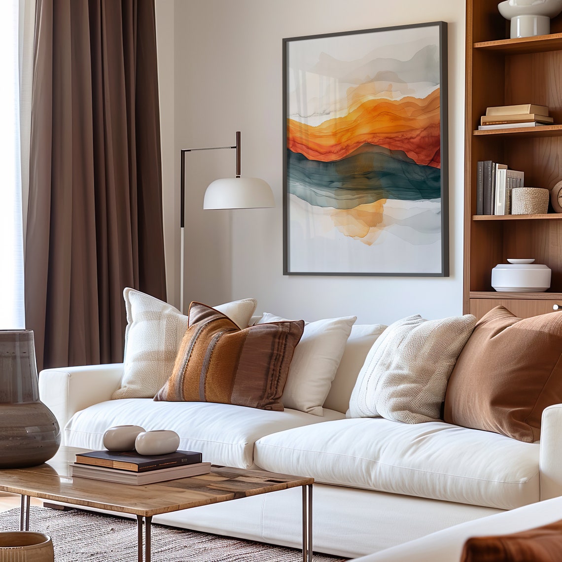 Abstract Layered Landscape Watercolor Orange Teal Modern Art Poster - Image 3