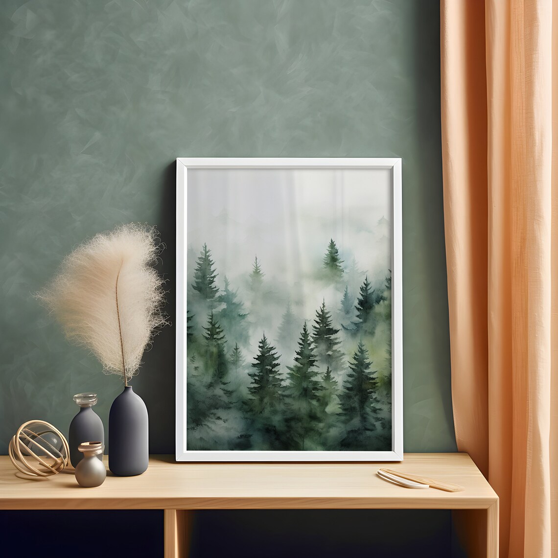 Green Foggy Fir Forest Watercolor Painting Poster for Calm Bedrooms - Image 3