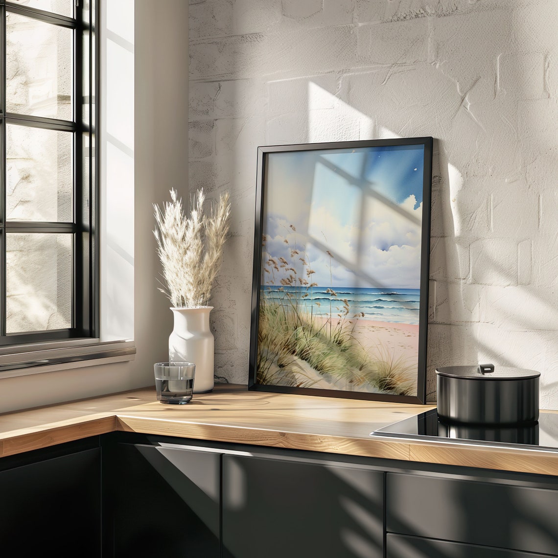 Beach Seashore Watercolor with Dune Grass Ocean Waves Poster - Image 4