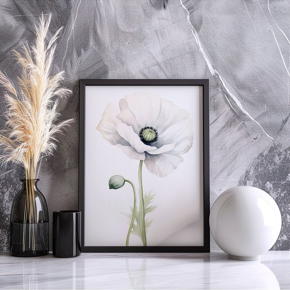 White Poppy And Bud Soft Watercolor Botanical Elegant Flower Poster - Image 3