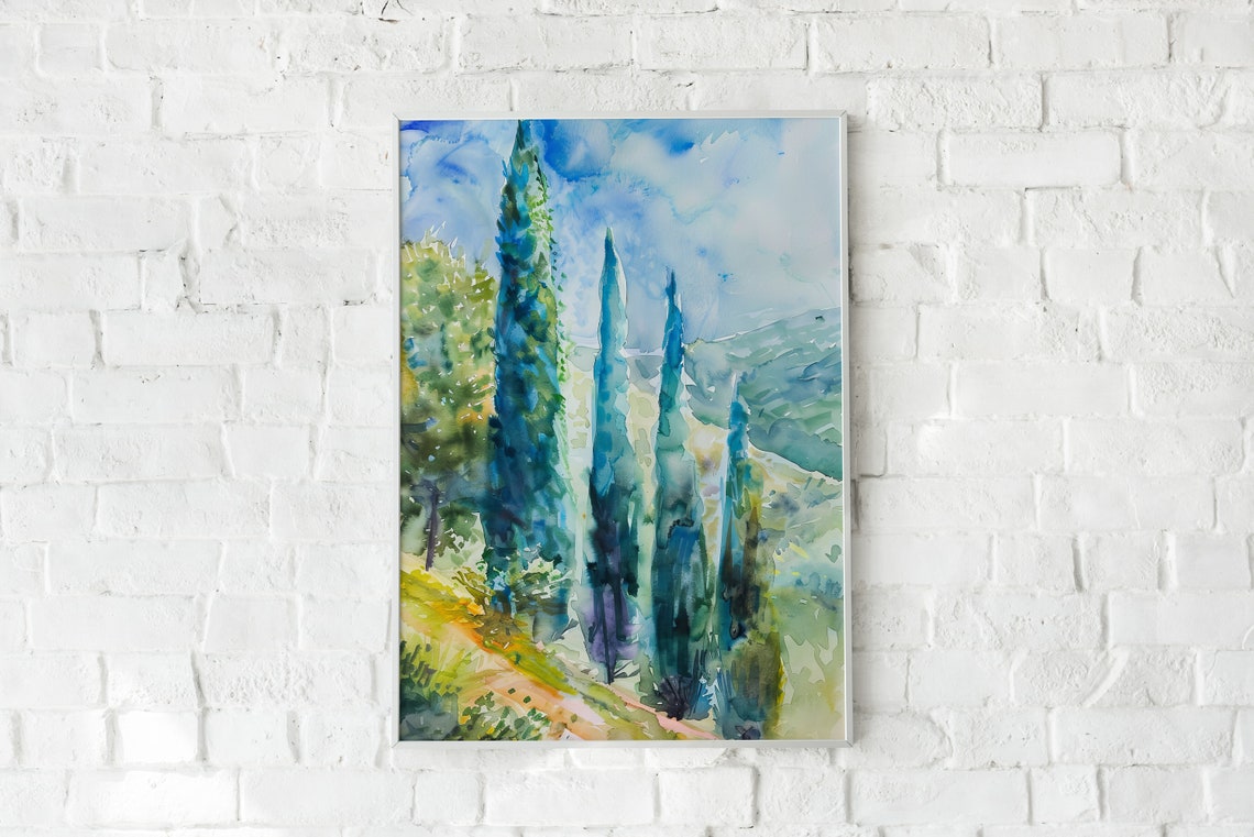 Tall Cypress Trees Watercolor Mediterranean Landscape Poster - Image 2