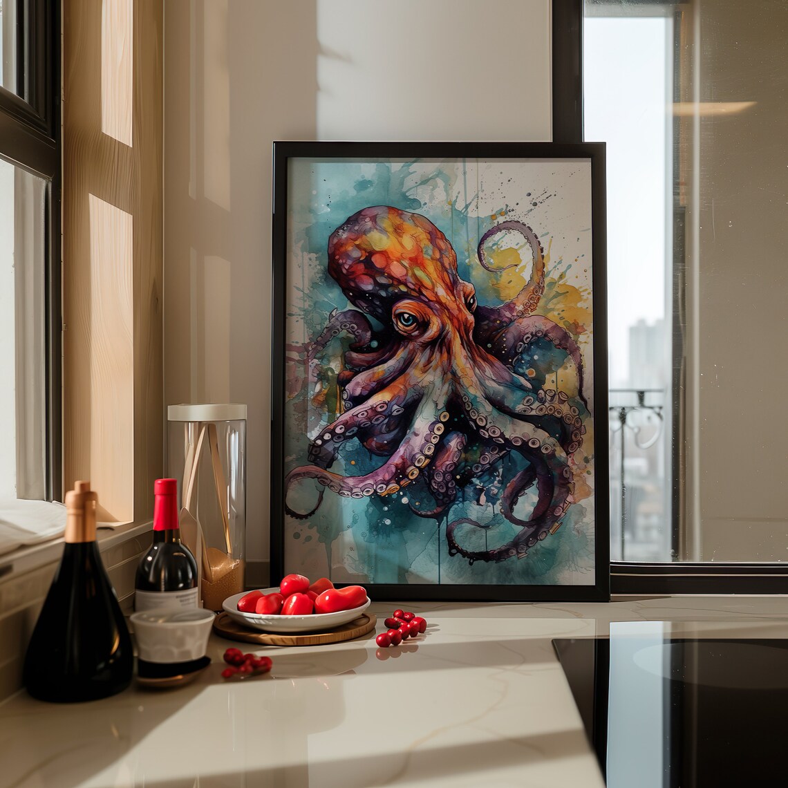 Octopus Watercolor Portrait Sea Creature Red Teal Art Poster - Image 3
