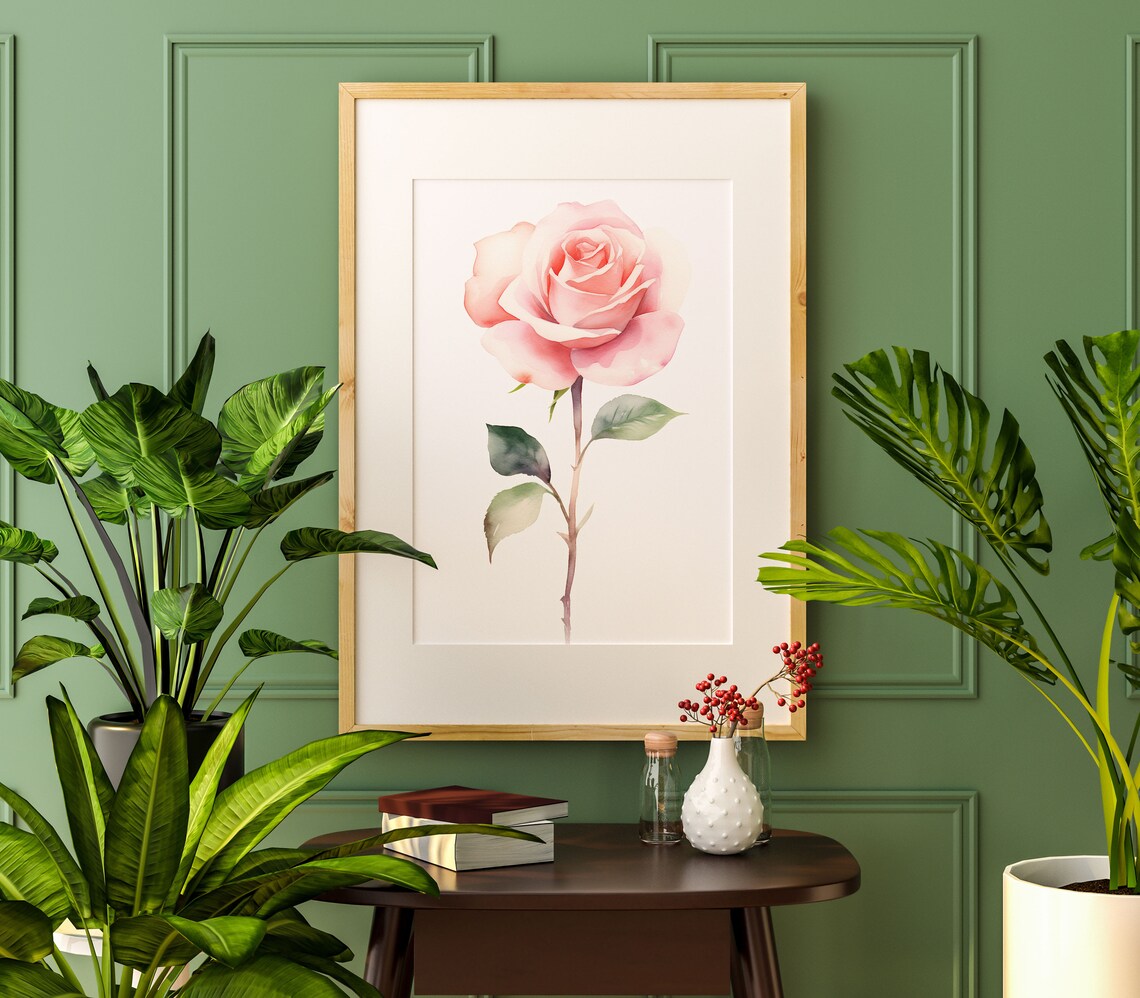 Pink Rose Watercolor Single Long Stem Blossom Romantic Floral Art Poster - Image 4