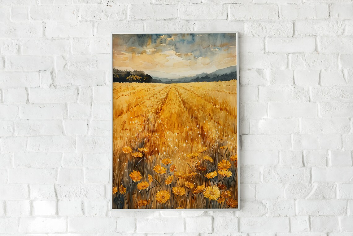 Golden Wheat Field With Daisies Watercolor Farm Landscape Poster - Image 2