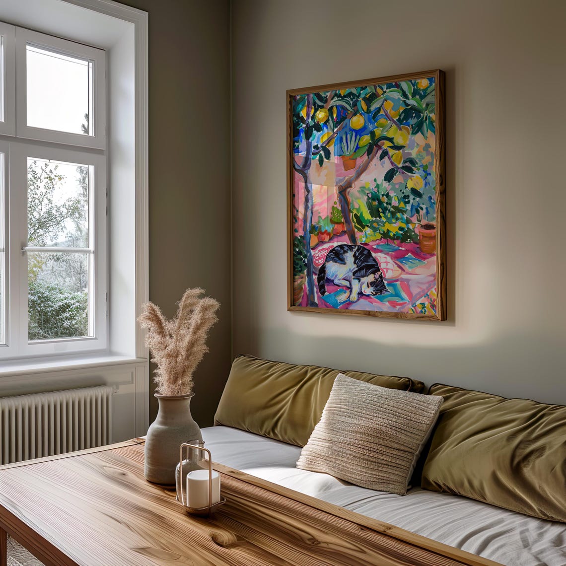 Sleeping Cat Lemon Tree Garden Colorful Painterly Cat Art Poster - Image 3