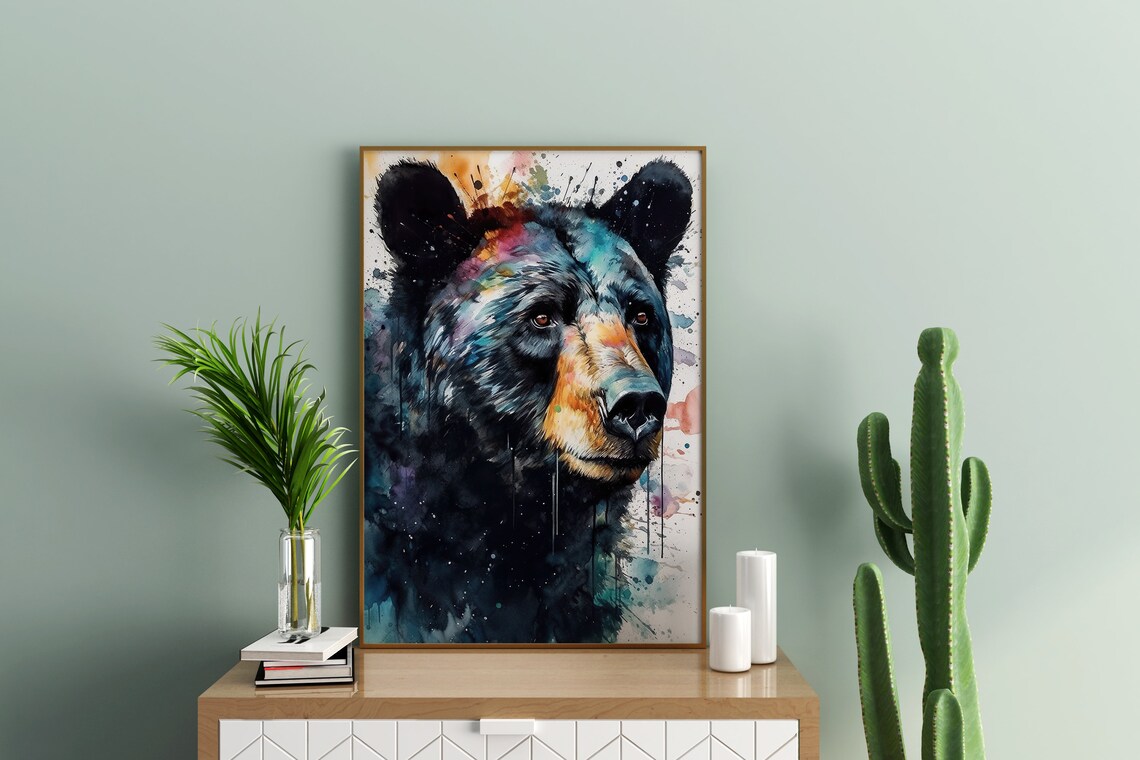 Black Bear Watercolor Portrait Colorful Splashes Wildlife Animal Art Poster - Image 3