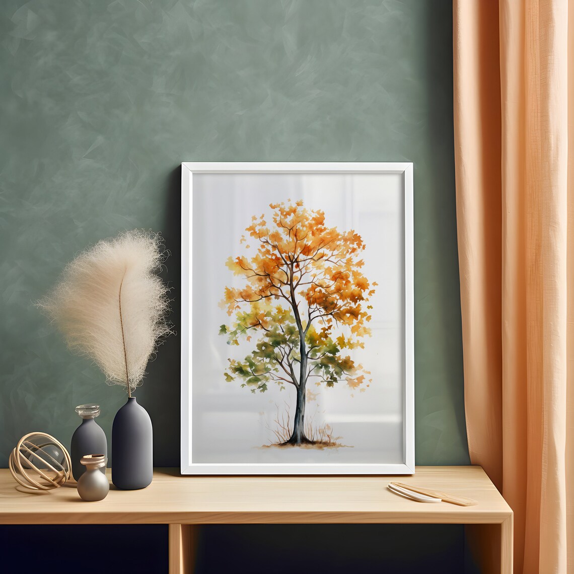 Golden Autumn Tree with Orange Green Watercolor Leaves Poster - Image 4