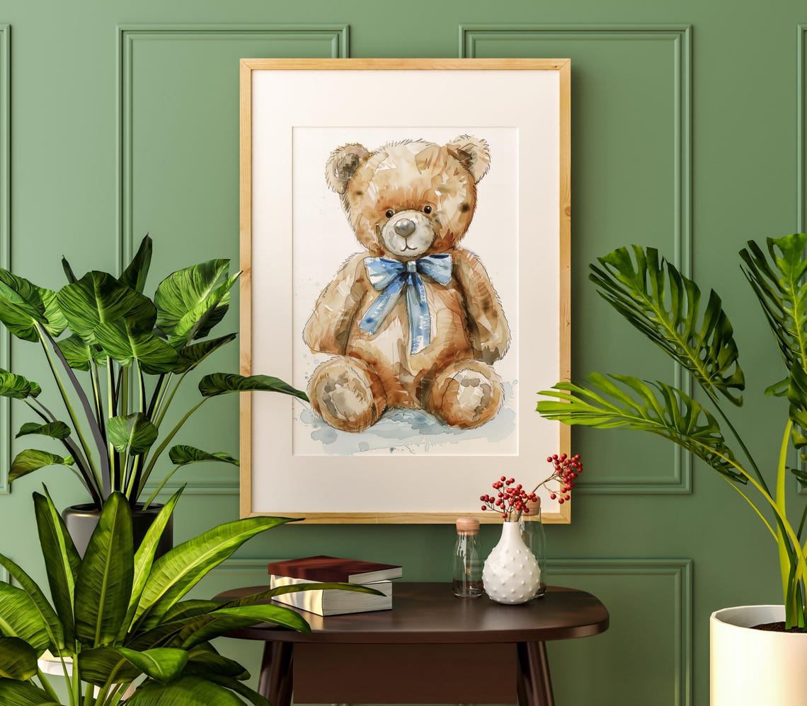 Teddy Bear Watercolor Blue Bow Nursery Baby Room Decor Art Poster - Image 2