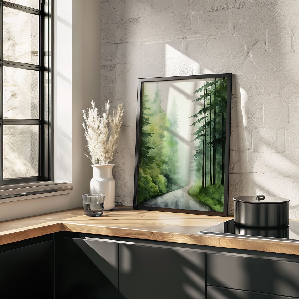 Misty Green Pine Forest Road Watercolor Painting Poster for Calm Spaces - Image 4