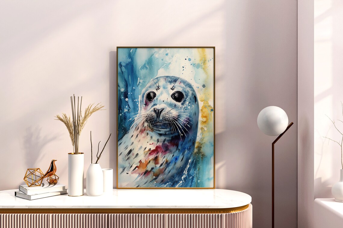 Seal Colorful Watercolor Portrait Pup Blue Splash Marine Art Poster - Image 5