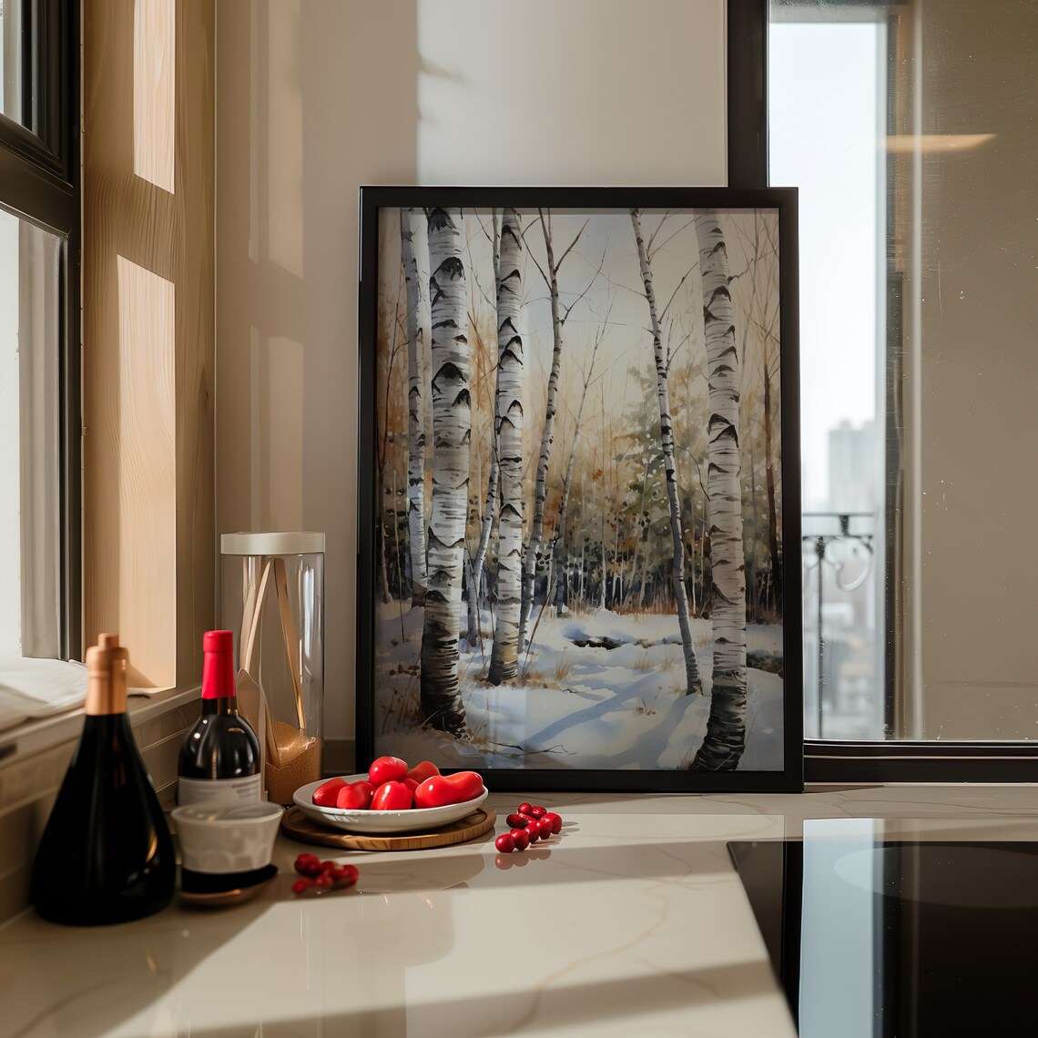 Snowy Birch Trees Watercolor Golden Winter Forest Scene Poster - Image 5