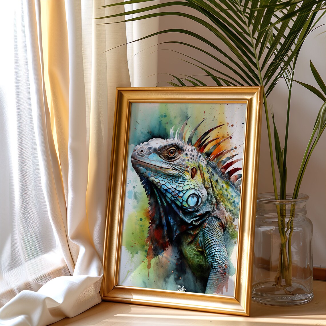 Iguana Watercolor Portrait Green Reptile Spiky Crest Art Poster - Image 4