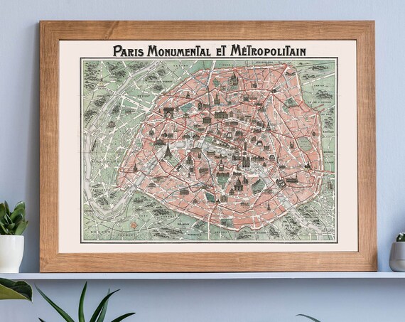 Paris Monumental Et Metropolitain Vintage Antique Metro Map Poster
