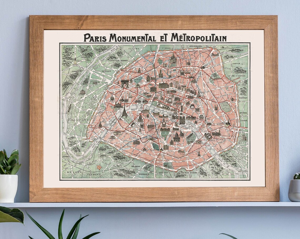 Paris Monumental Et Metropolitain Vintage Antique Metro Map Poster