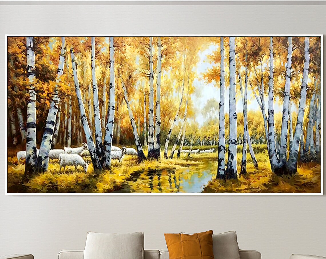 Autumn Birch Tree Oil Painting, Forest Landscape Art Print
