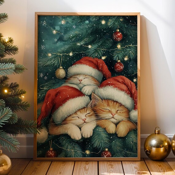 Funny Cat Christmas Wall Art Print Cute Poster Festive Pet Lover Decor Whimsical Seasonal Home
