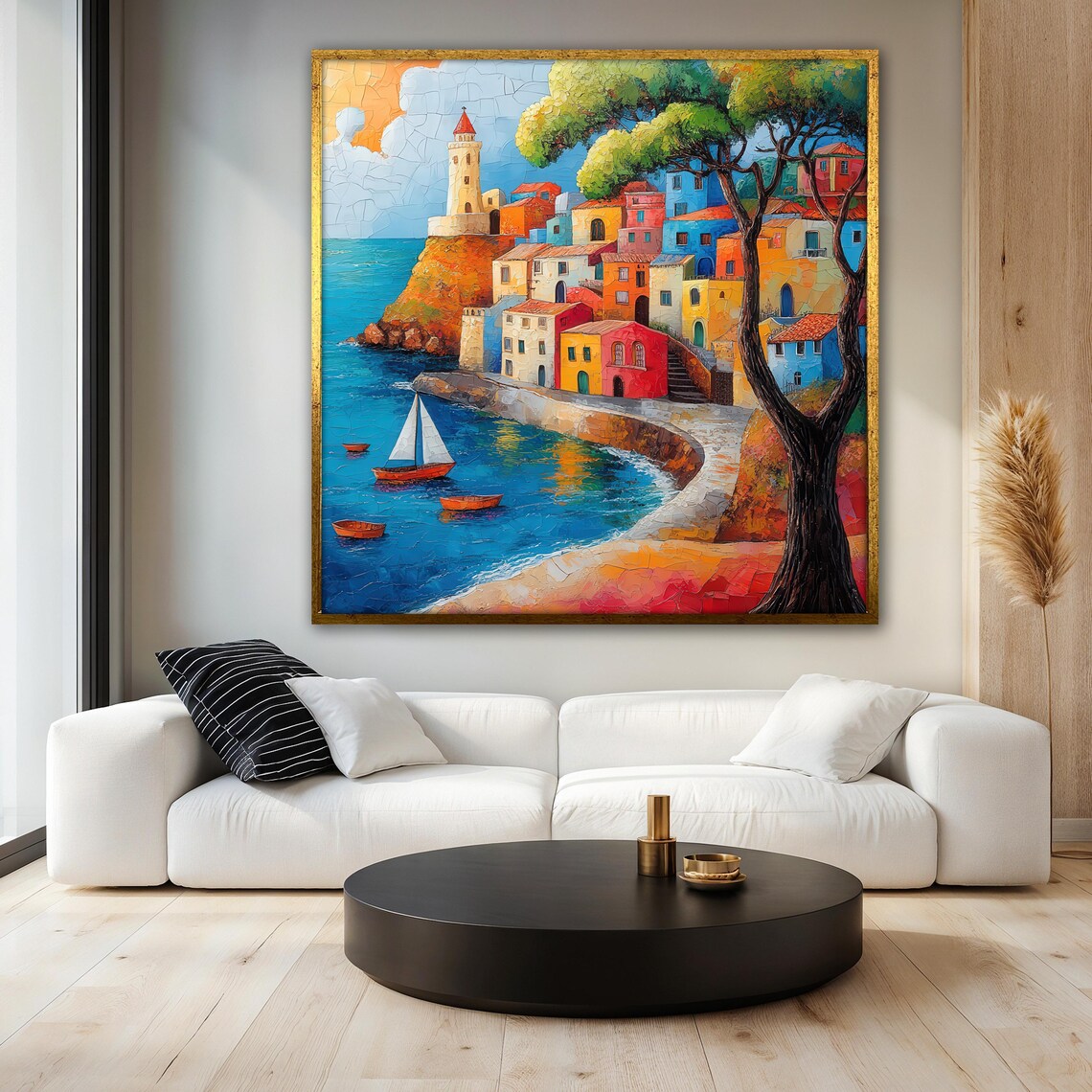 Coastal Village Painting, Mediterranean Seaside Decor - Image 3