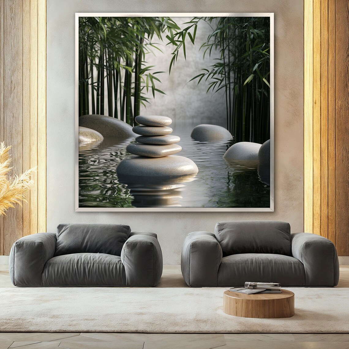 Zen Stones and Bamboo Painting, Tranquil Nature Art - Image 2