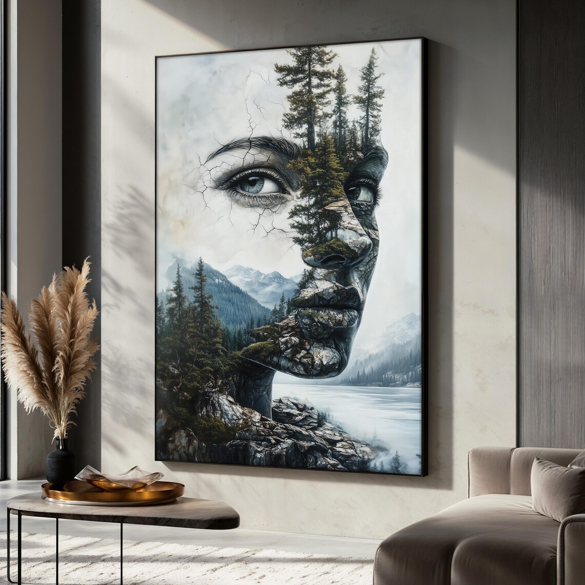 Mountain Woman Art, Surreal Forest Landscape