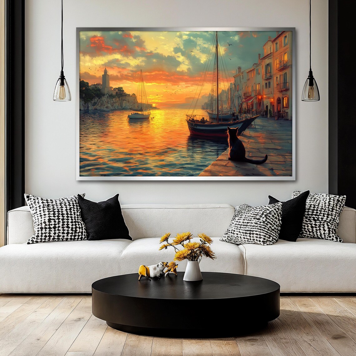 Sunset Harbor Cat Watching Sea, Mediterranean Decor - Image 2