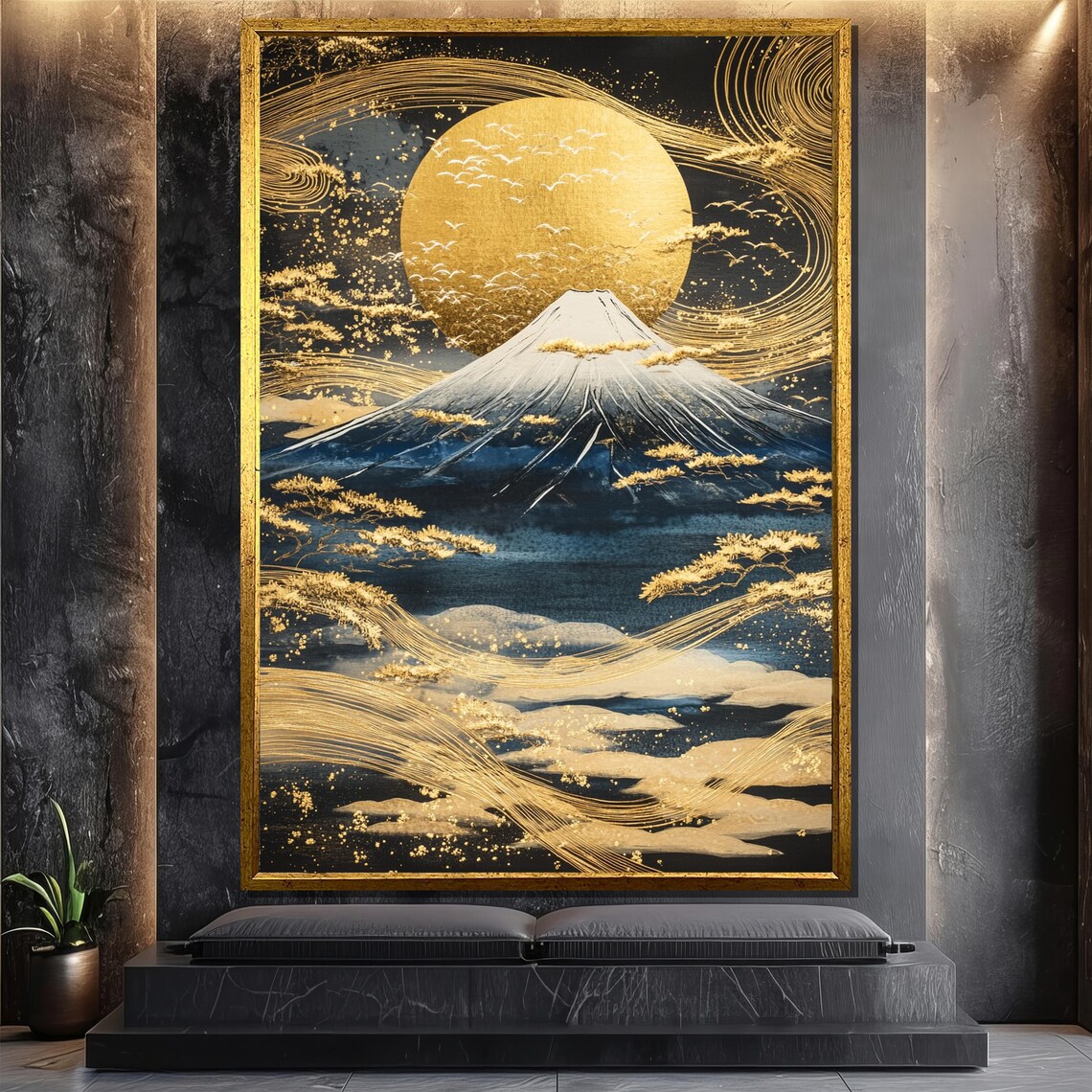 Mount Fuji Golden Moon Art Print, Japanese Landscape