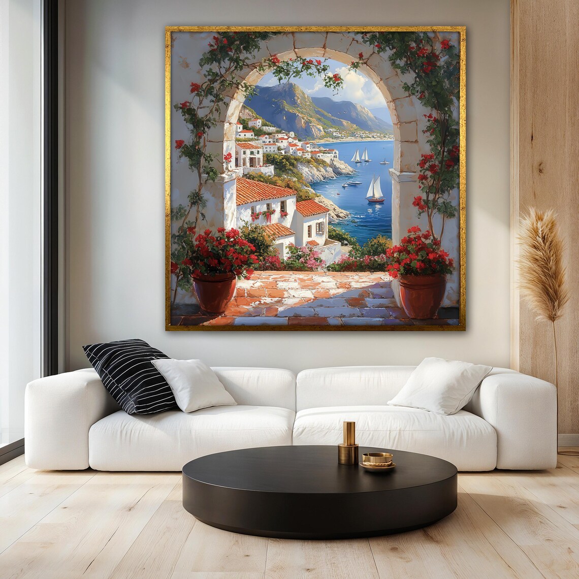 Mediterranean Coast Painting, Coastal Village Arch View - Image 3