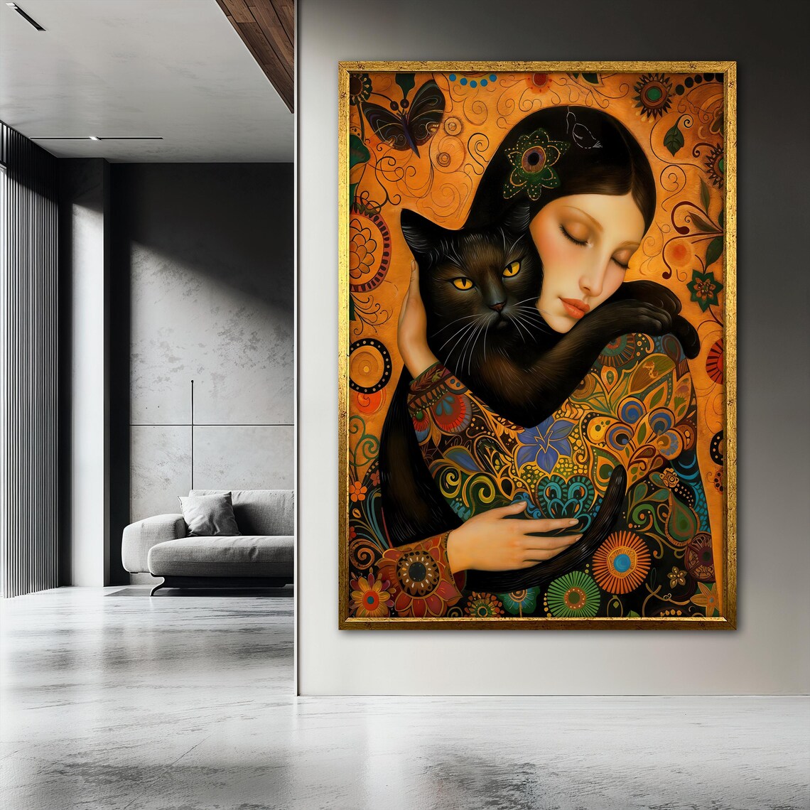 Woman With Black Cat Painting, Bohemian Style - Image 3