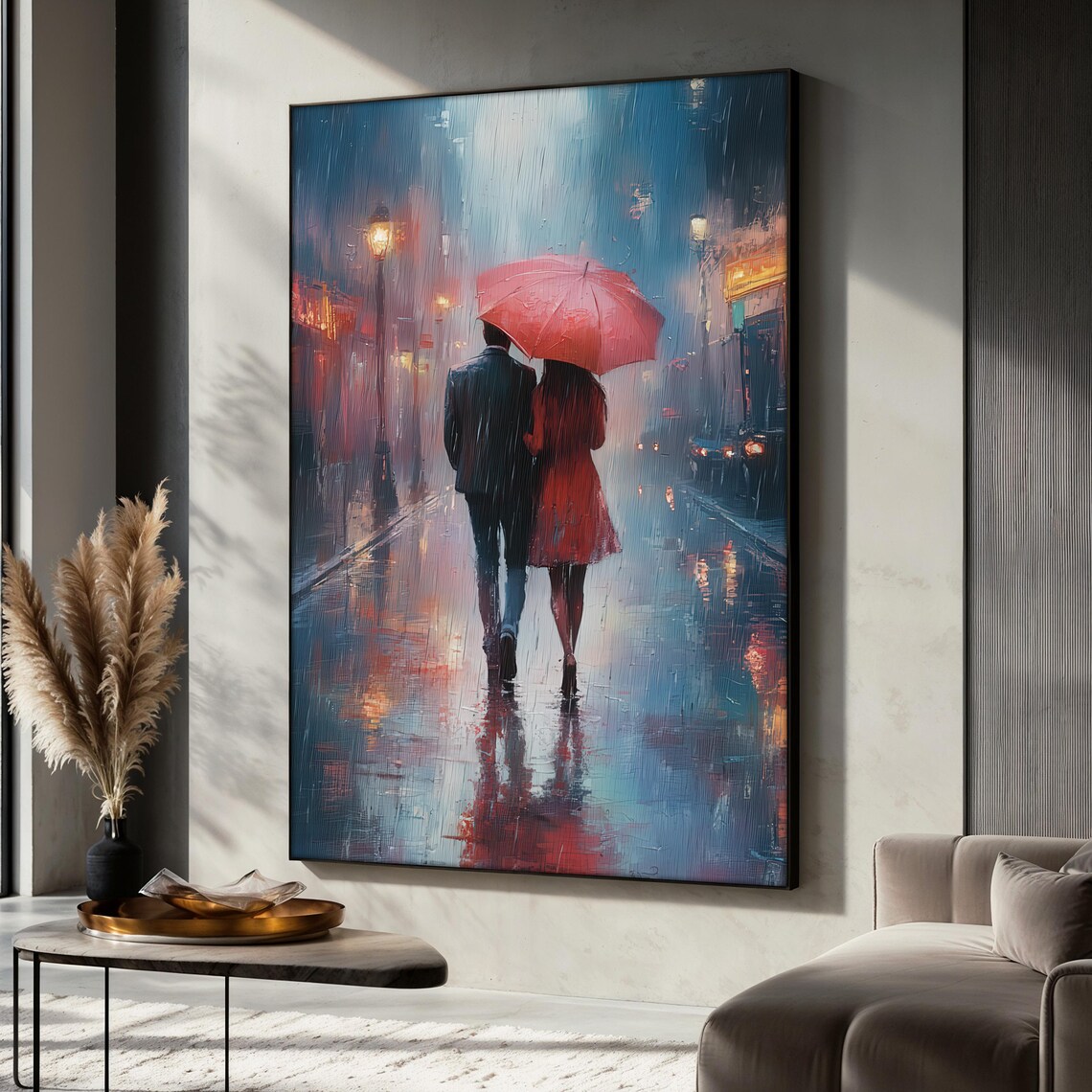 Romantic Rainy Walk, Couple Under Umbrella Art