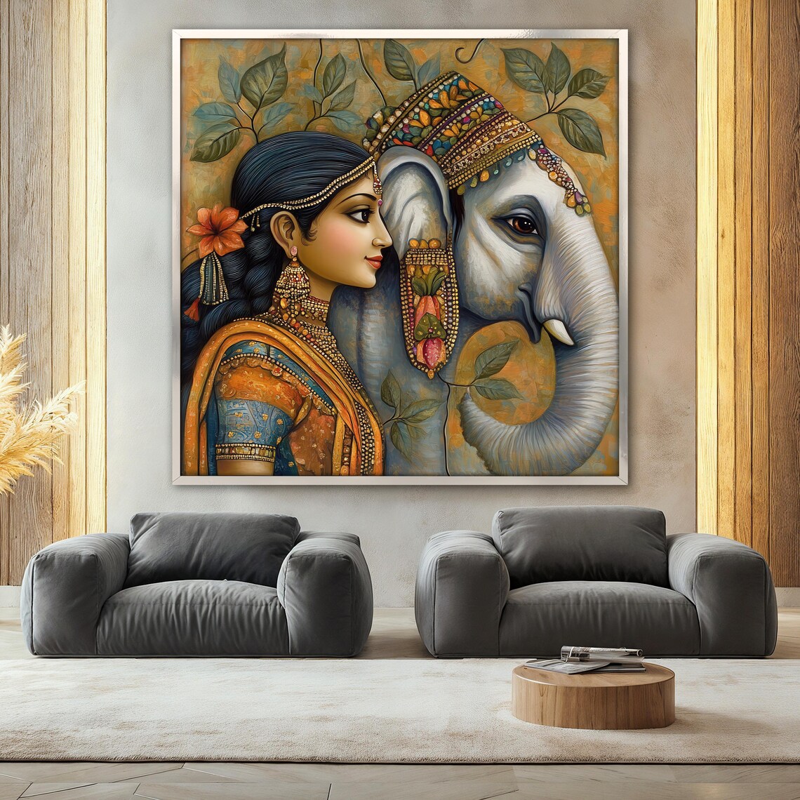 Indian Woman in Sari With Decorated Elephant Head Art Poster - Image 2