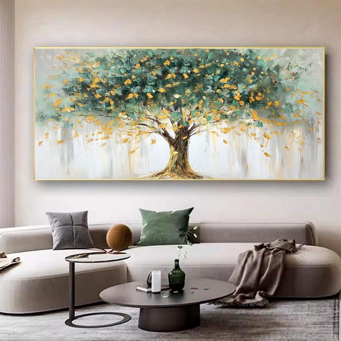 Lush Golden Green Money Tree Symbol of Prosperity Panoramic Wall Art - Image 6
