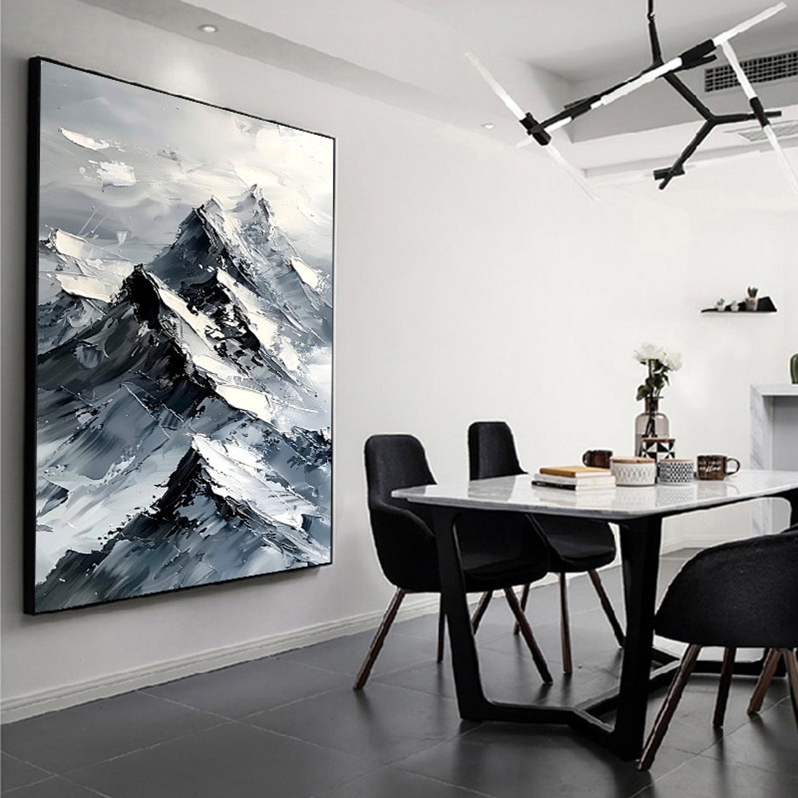 Black And White Snowy Mountain Peak Vertical Painting Poster - Image 3
