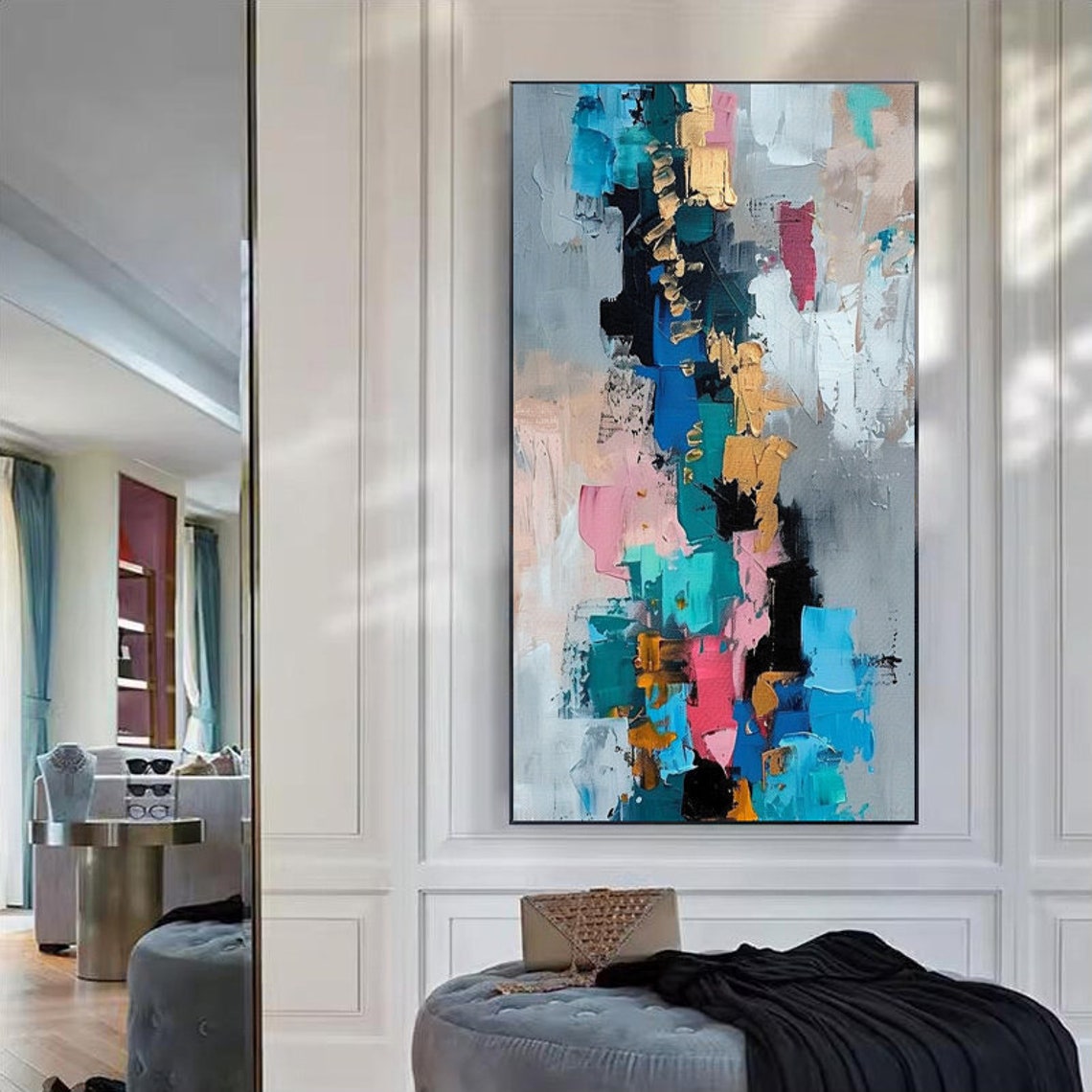 Tall Blue Pink and Gold Vertical Abstract Modern Canvas Poster - Image 4