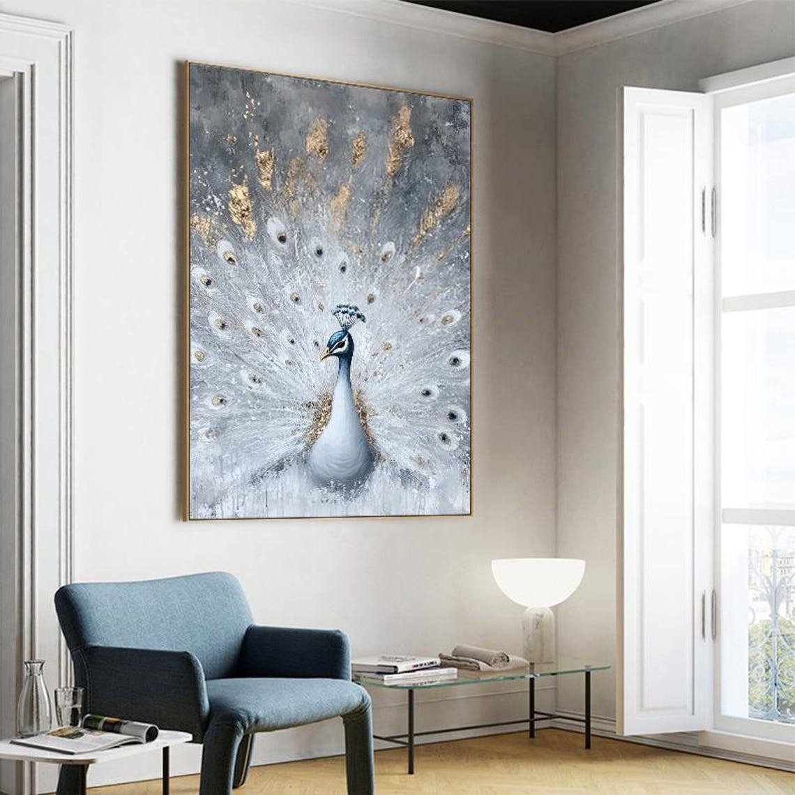 White Peacock With Gold Feathers Grey Elegant Bird Painting Poster - Image 3