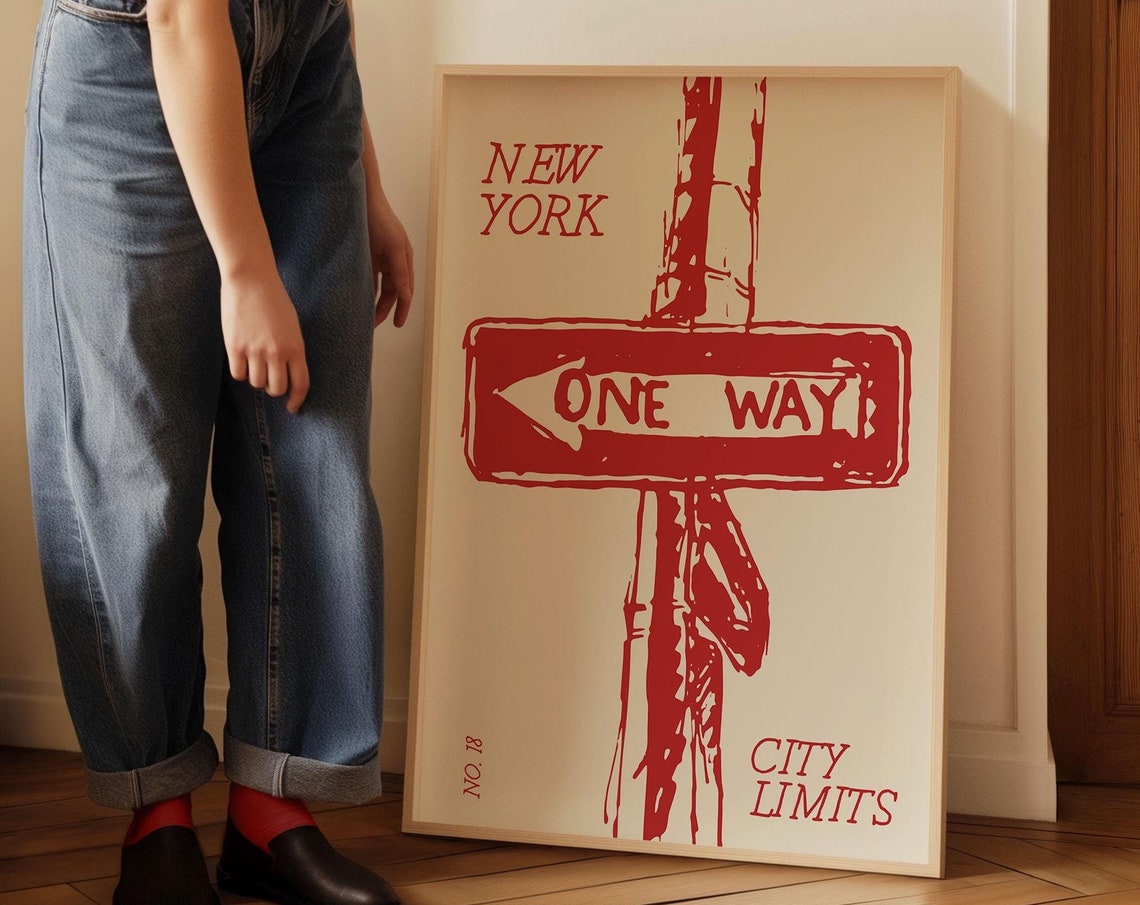 Cool Retro New York City Limits One Way Street Sign Red Poster