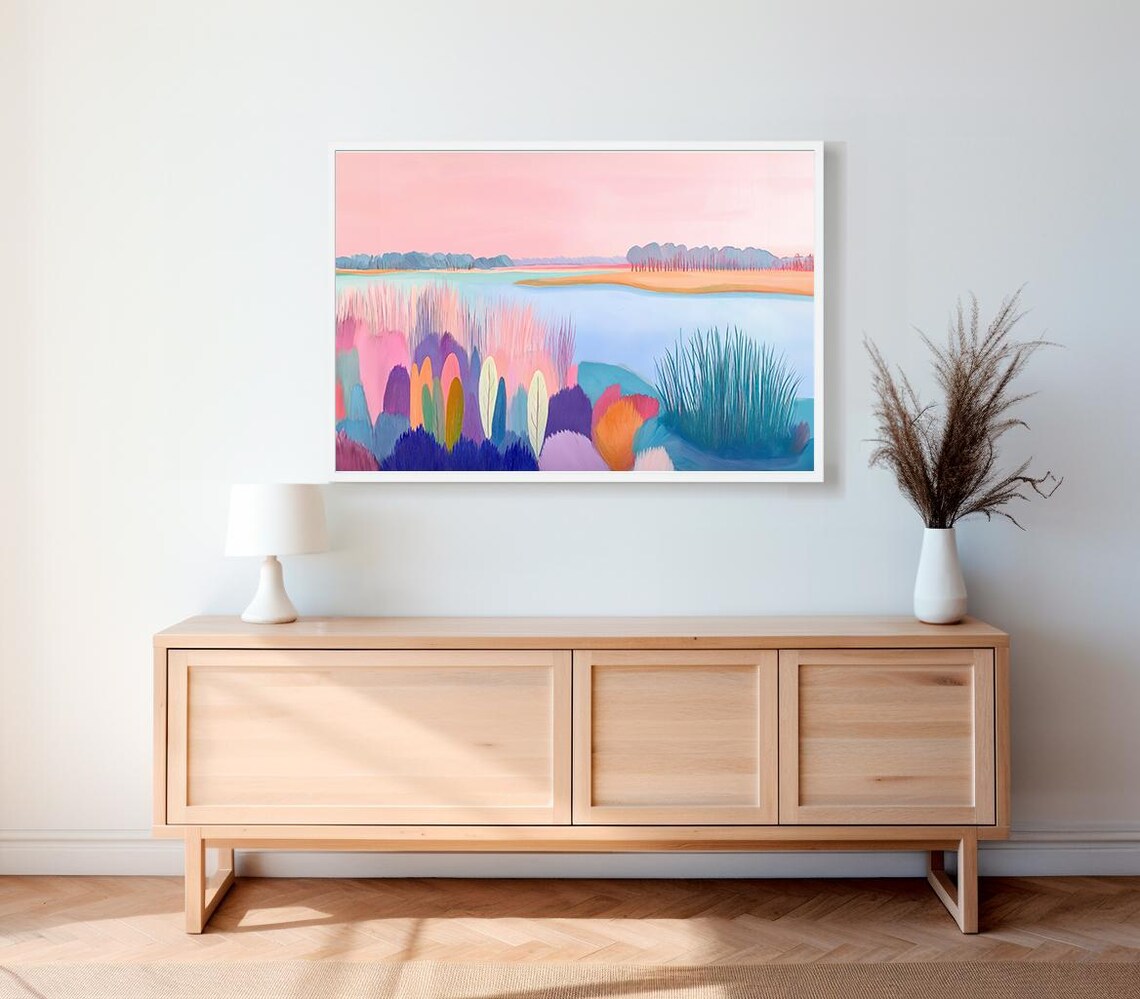 Pink Sunset Over A Pastel Marsh Lake Colorful Abstract Poster - Image 2