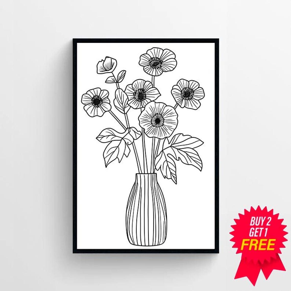 Black and White Anemone Line Drawing in a Tall Ribbed Vase Poster - Image 4