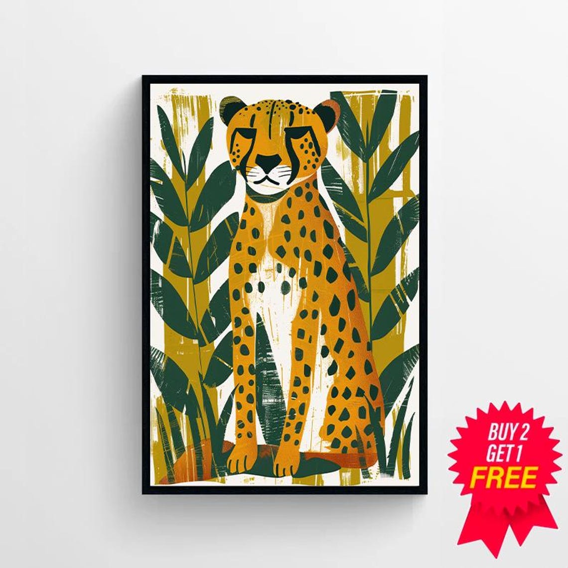Retro Orange Cheetah Among Tropical Leaves Bold Jungle Art Poster - Image 4