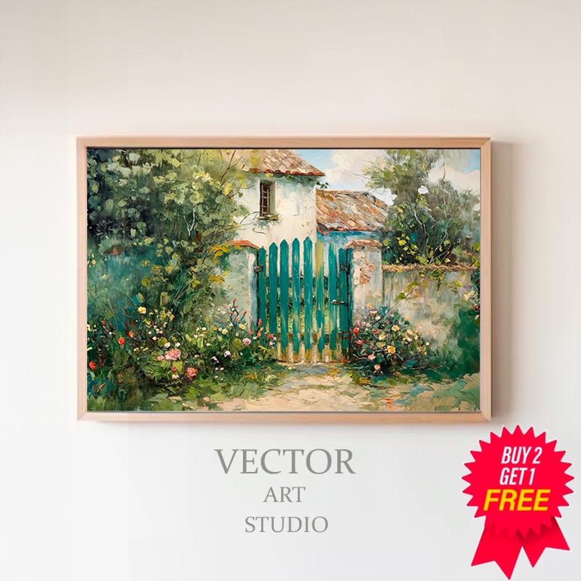Country Cottage Garden Behind Tall Teal Gate Rustic Summer Art Poster