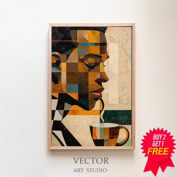 Geometrical People Large Wall Art Contemporary Artwork Afro Men Modern Print Kitchen Wall Art Black Man Coffee Lover Print