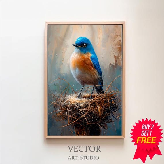 Vintage Bluebird Bird Print Antique Bird Wall Art Moody Vintage Decor Oil Painting Living Room Art