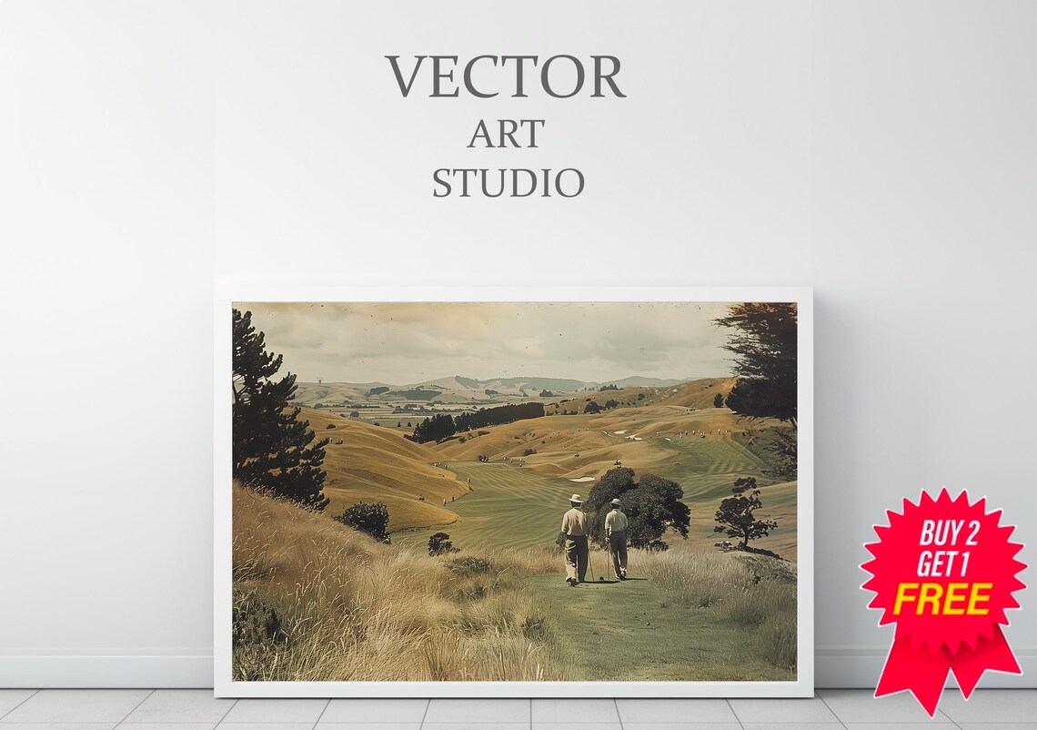Two Golfers Walking Golden Hills Course Vintage Golf Scene Art Print - Image 3
