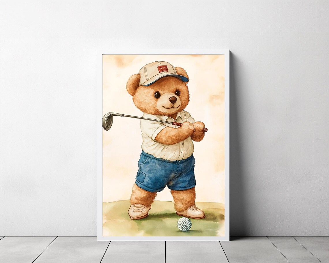 Teddy Bear Swinging Golf Club With Ball Watercolor Nursery Poster - Image 3